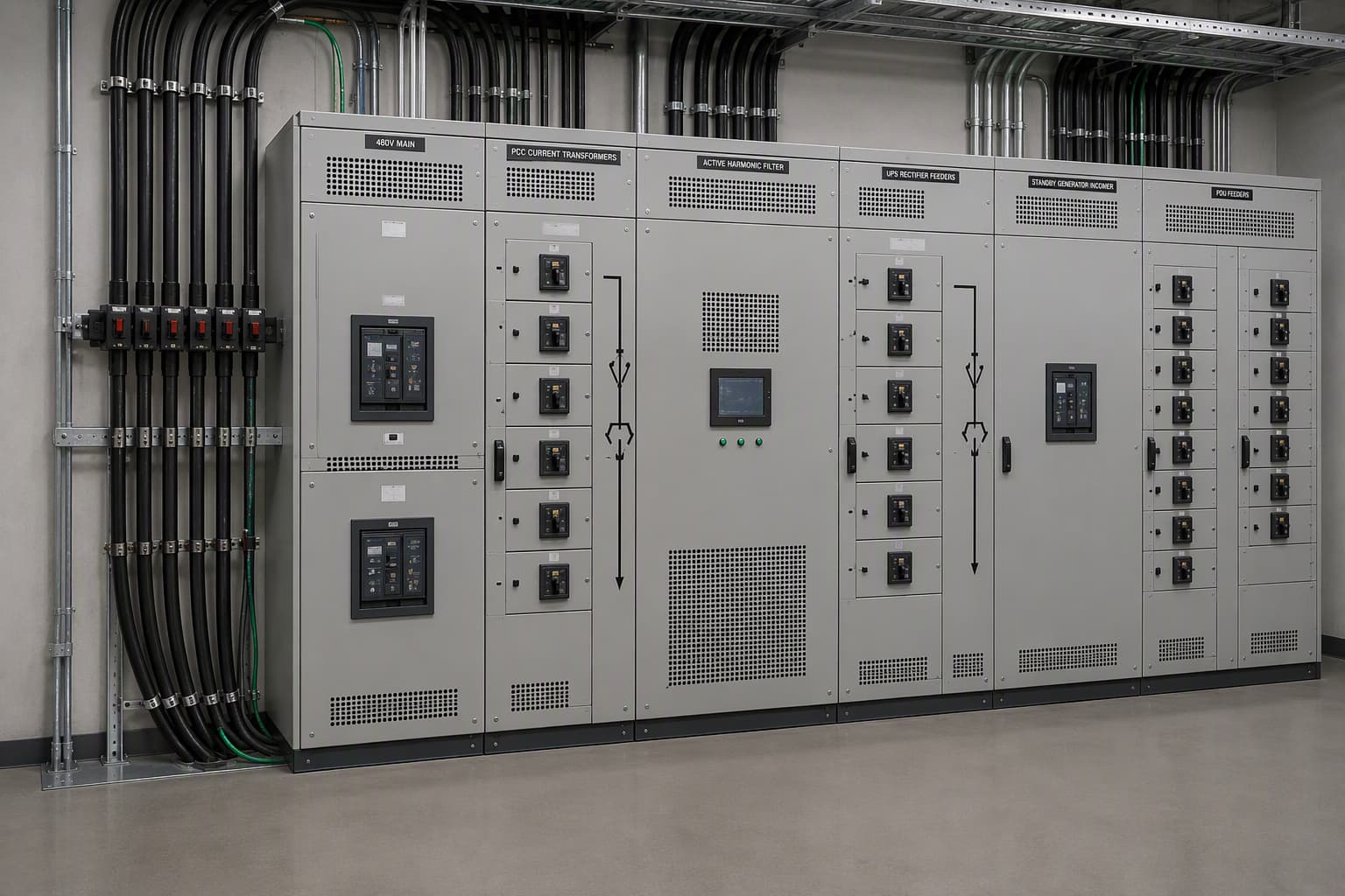 active harmonic filter for 480V data center THDi correction with PCC measurement and 3-level topology cabinet